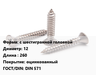 Саморез с шестигранной головкой D=12 L=260 оцинкованный ГОСТ: DIN 571, шт цена от 64.05 Тг / кг, где купить, условия доставки в Алматы и Алматинской области